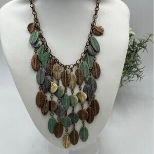 St. Thomas Vintage Mixed Metal Bronze and Green Cascading Leaves Bib Necklace